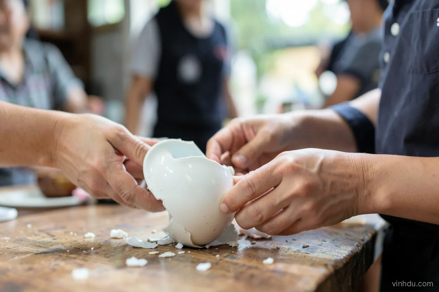 Close view of hands of a Vietnamese shop clerk gathering pieces of a broken ceramic cup on a wooden counter, a customer standing nearby out of focus, daylight