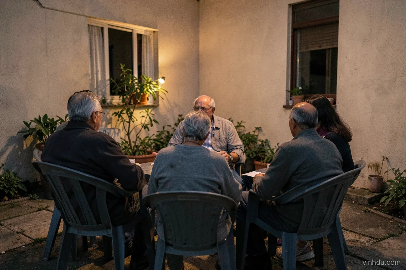 A small group of neighbours sitting on plastic chairs in a lit community yard at dusk, one older man speaking, others listening, seen from the back, warm lamplight