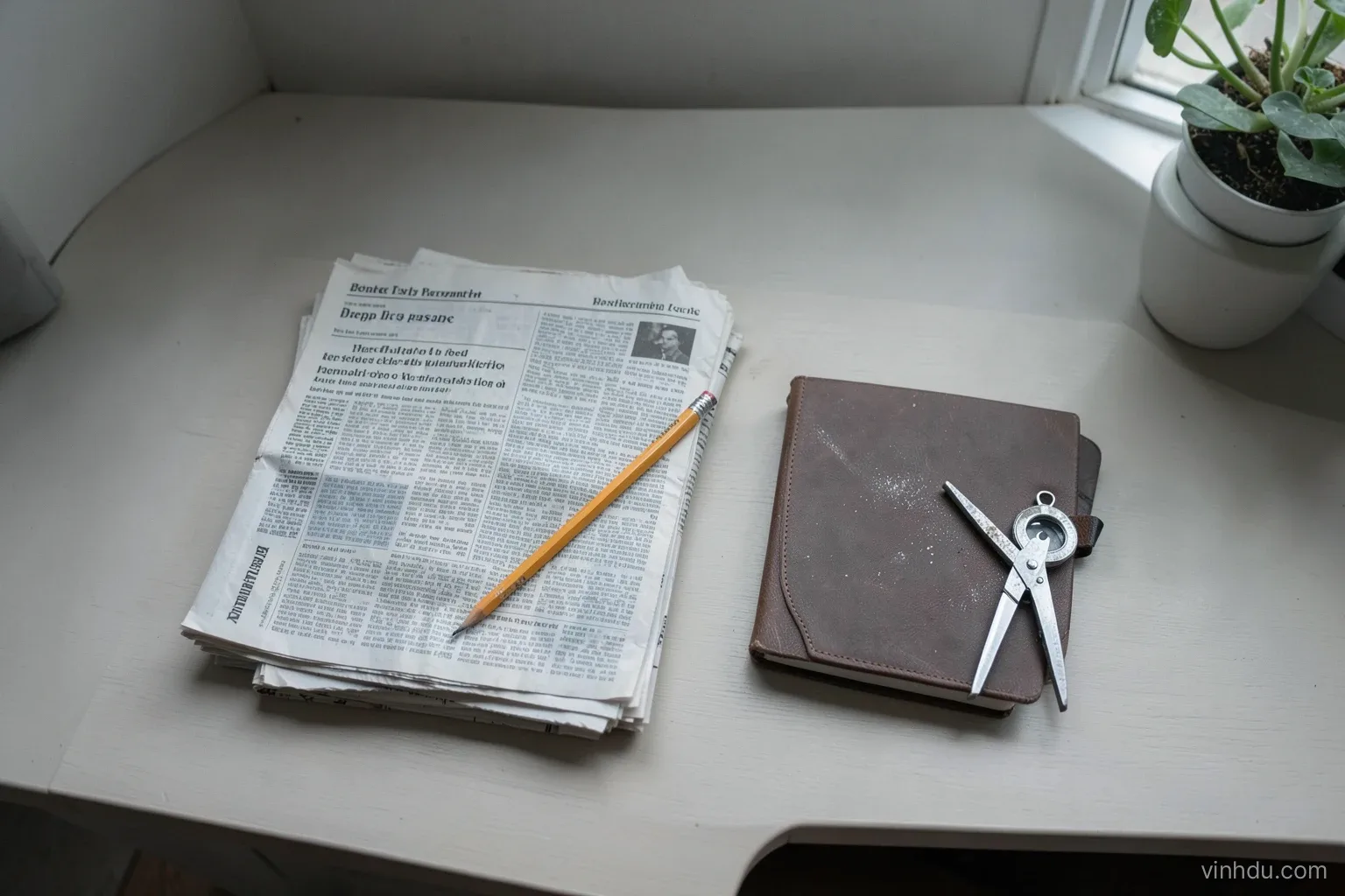 Top-down view of a quiet desk with a stack of folded newspapers, a pencil and a closed notebook beside a chalk-dusted geometry compass, soft overcast light, muted greys