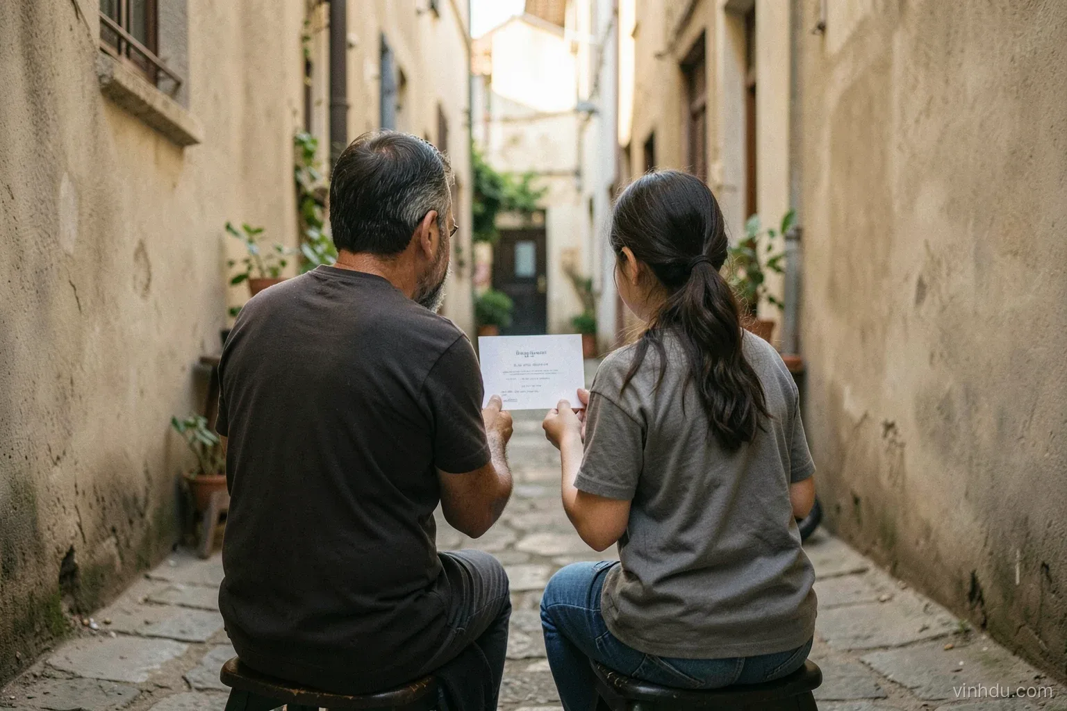 A father and his young daughter seen from behind, sitting on low stools in a narrow alley, looking together at a small blank paper certificate, late afternoon light