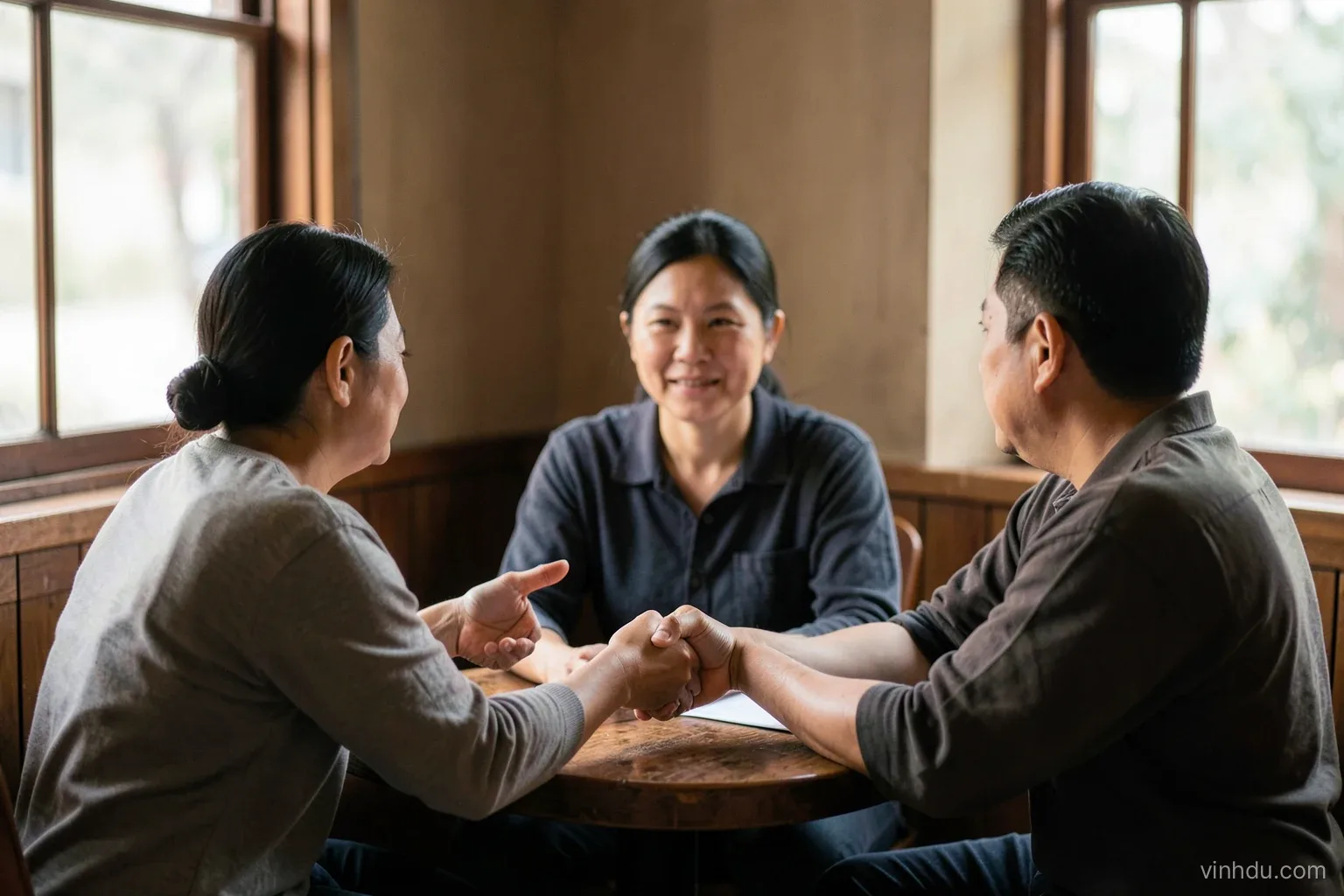 Three Vietnamese adults at a small cafe table, one gesturing to introduce the other two who are about to shake hands, faces turned away, soft window light, warm brown