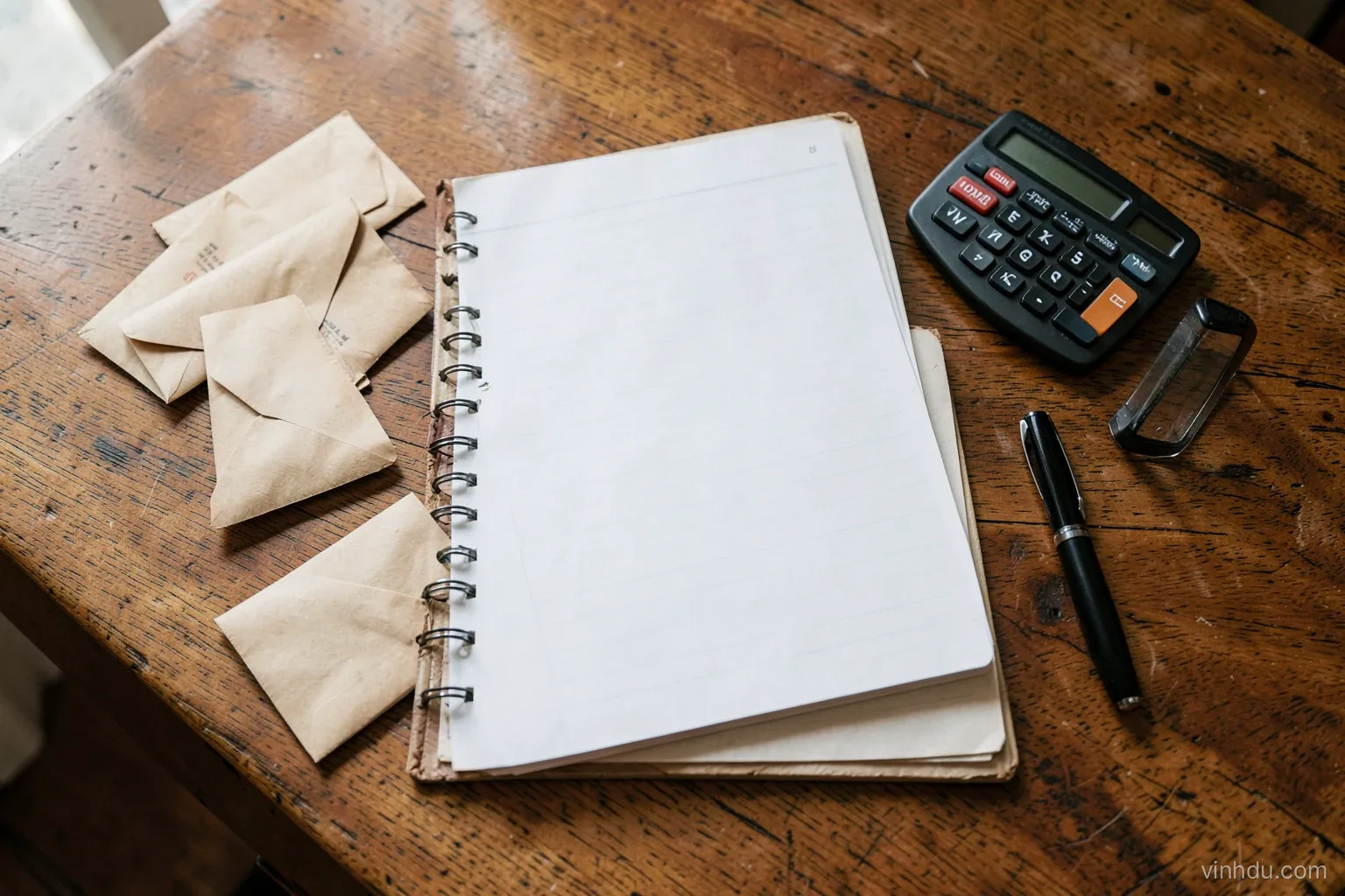 Top-down view of a blank ledger notebook, a calculator, a few small paper envelopes and a pen on a wooden table in a Vietnamese living room, soft daylight