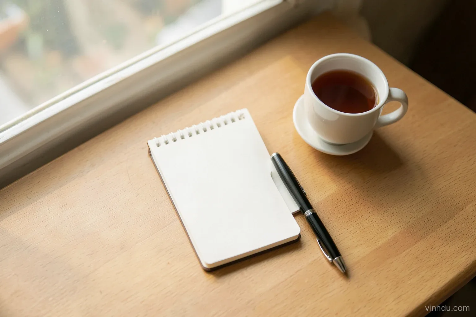 Top-down view of a small notebook with blank pages, a pen and a cup of tea on a desk by a window in a Vietnamese apartment, soft morning light, warm beige