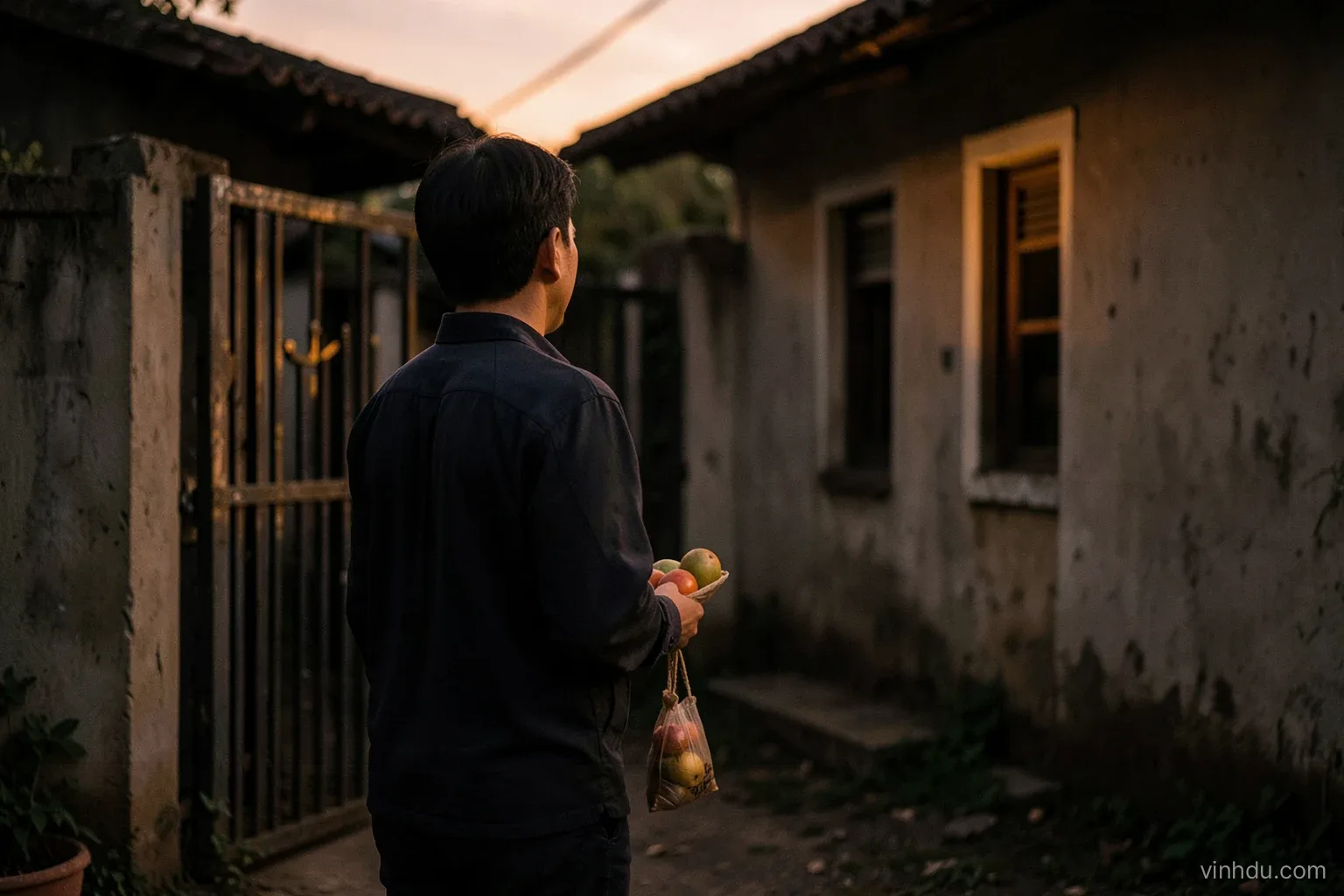 A Vietnamese man seen from behind standing at the gate of a modest house at dusk, holding a small bag of fruit, waiting to be let in, soft amber light