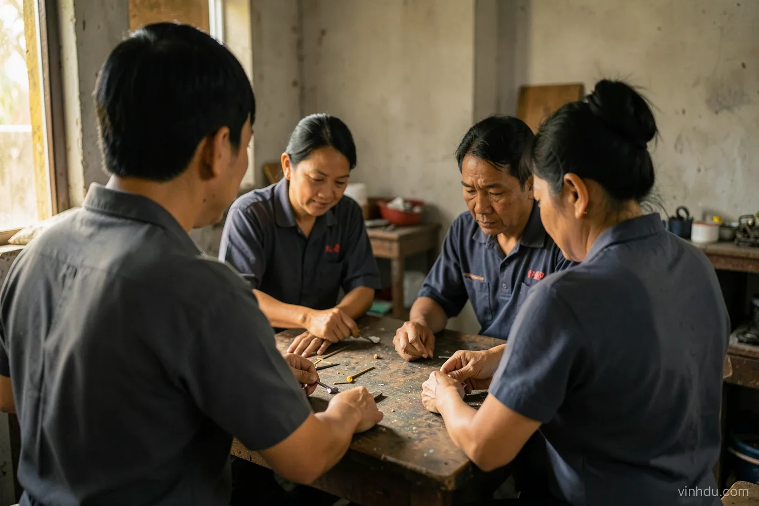 Over-the-shoulder view of a shift leader in a small Vietnamese workshop calmly dividing tasks among four workers around a workbench, morning light, muted gold and grey