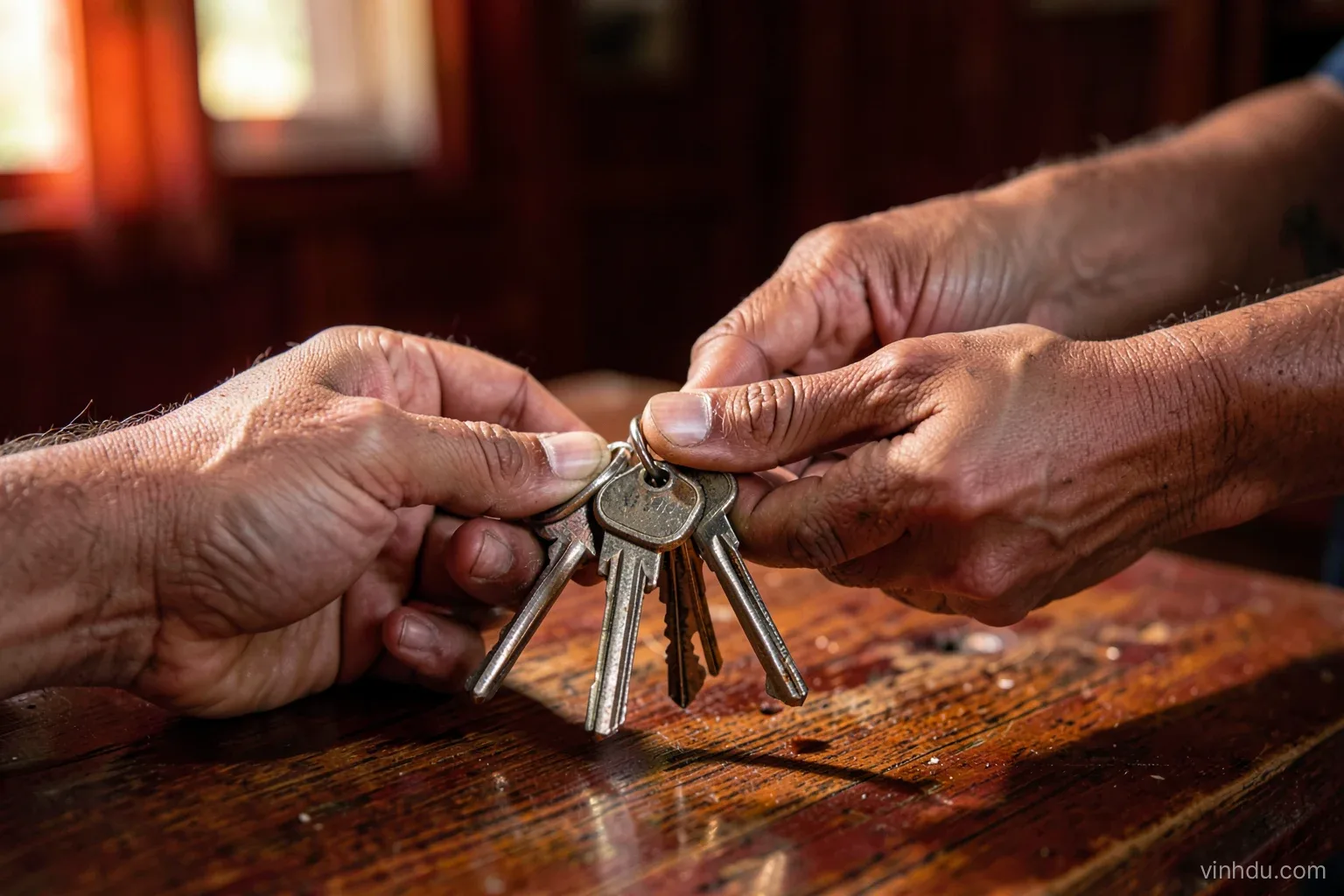 Close view of two weathered hands passing a set of house keys across a wooden table in a Vietnamese home, warm afternoon light, deep red and wood tones
